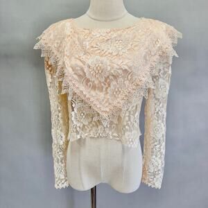 Vintage 80s peach lace‎ crop top triangle puritan collar raw cut hem Size 12